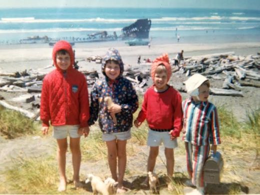 Family photo taken in 1967.  The wreck of the Peter Iredale is in the background.
