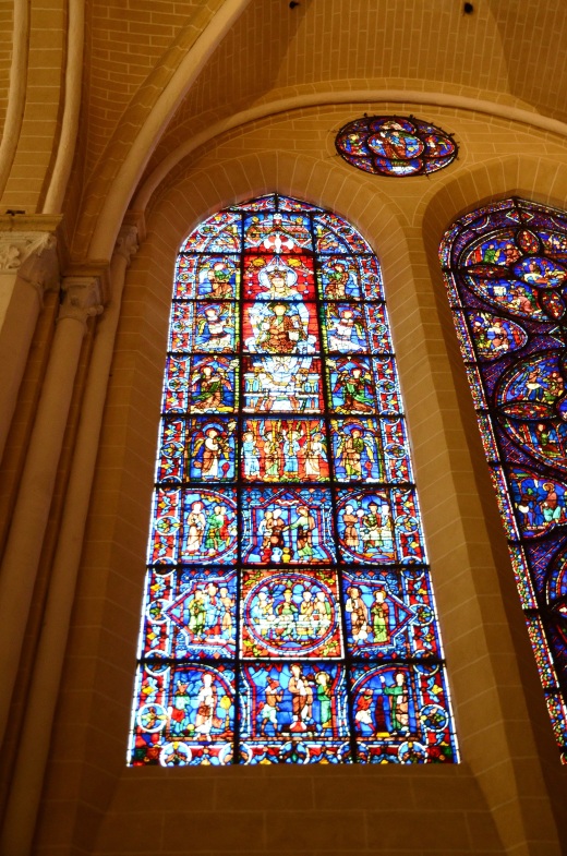 The "Blue Virgin" window from the 12th century.  The virgin is shown holding baby Jesus